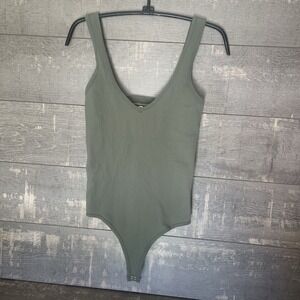Intimately FP Ribbed Bodysuit Olive Green V Neck Sleeveless M Perfect Layer